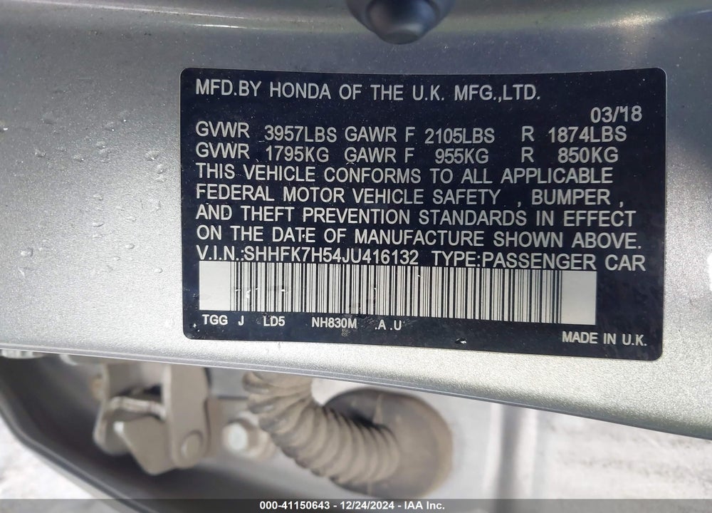 2018 HONDA CIVIC EX VIN: SHHFK7H54JU416132