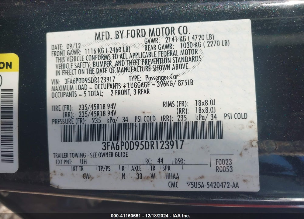 2013 FORD FUSION TITANIUM VIN: 3FA6P0D95DR123917