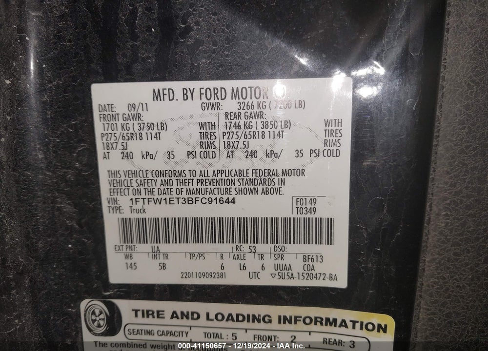 2011 FORD F150 VIN: 1FTFW1ET3BFC91644