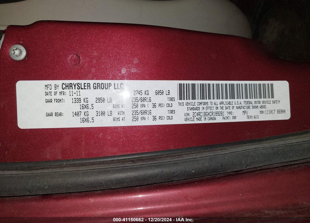 2012 CHRYSLER TOWN & COUNTRY TOURING VIN: 2C4RC1BGXCR189281