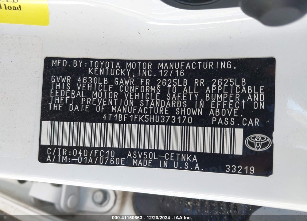 2017 TOYOTA CAMRY LE VIN: 4T1BF1FK5HU373170