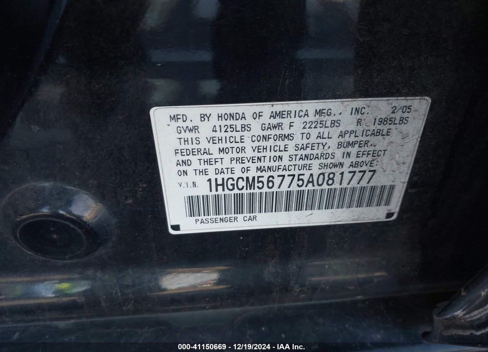 2005 HONDA ACCORD 2.4 EX VIN: 1HGCM56775A081777