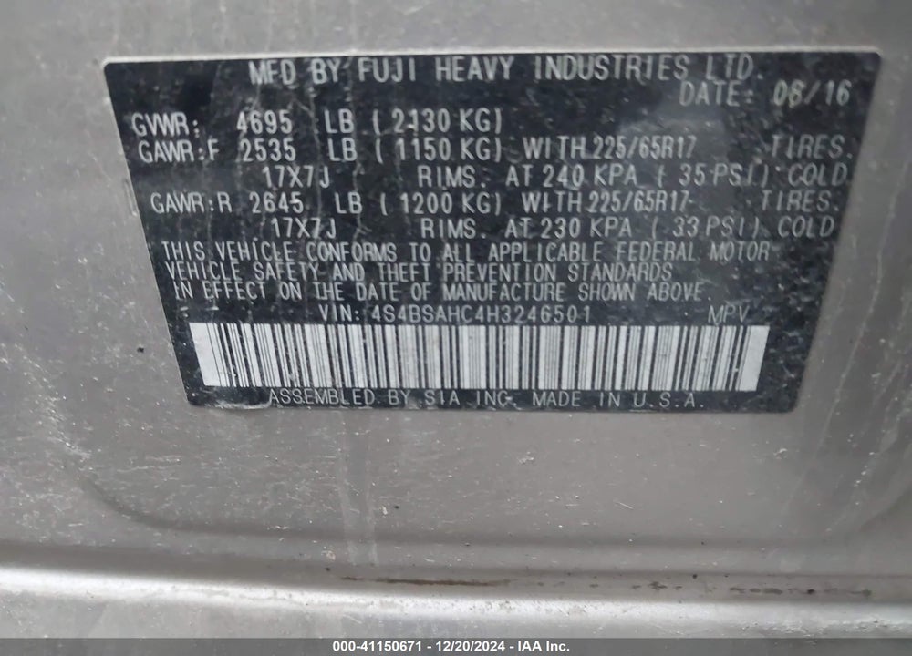2017 SUBARU OUTBACK 2.5I PREMIUM VIN: 4S4BSAHC4H3246501