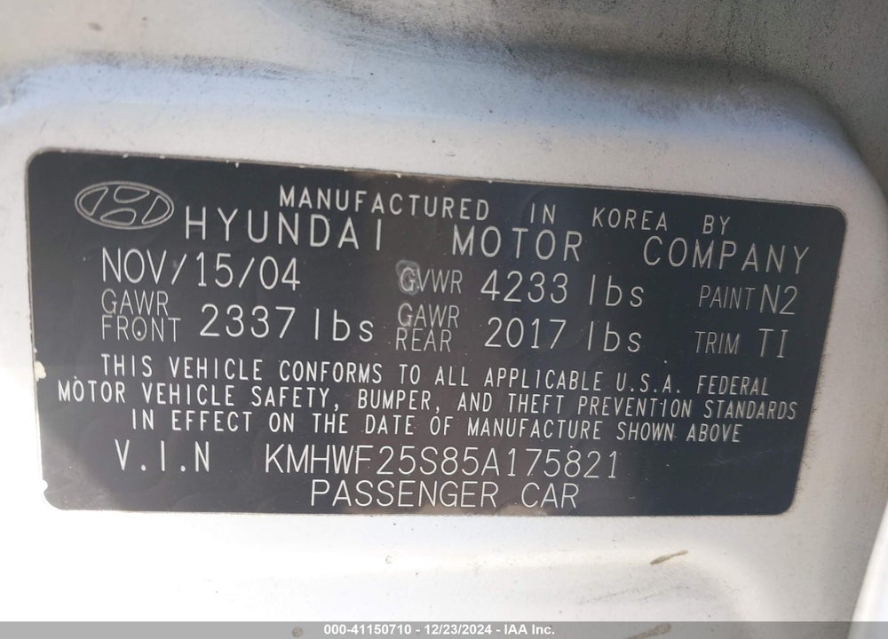 2005 HYUNDAI SONATA GL VIN: KMHWF25S85A175821