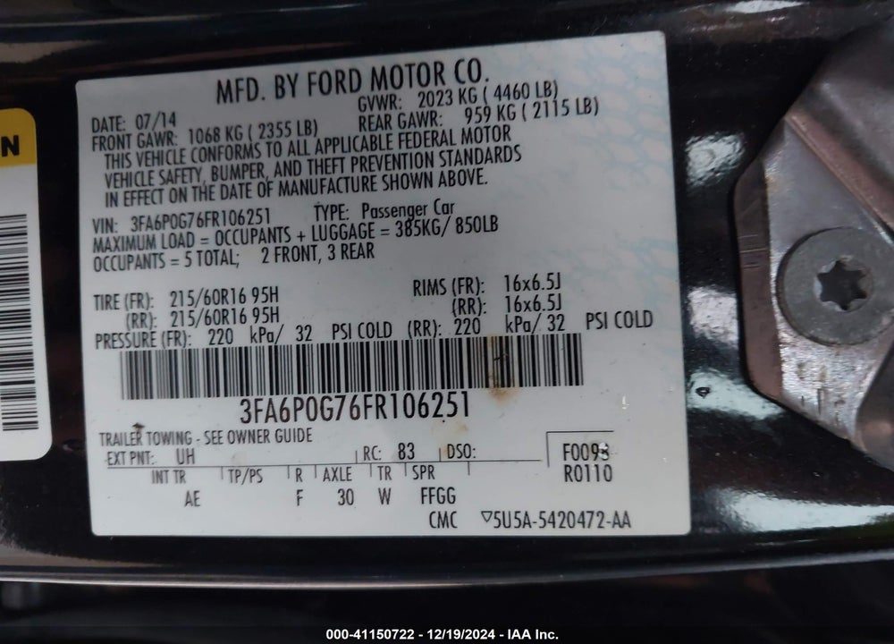 2015 FORD FUSION VIN: 3FA6P0G76FR106251
