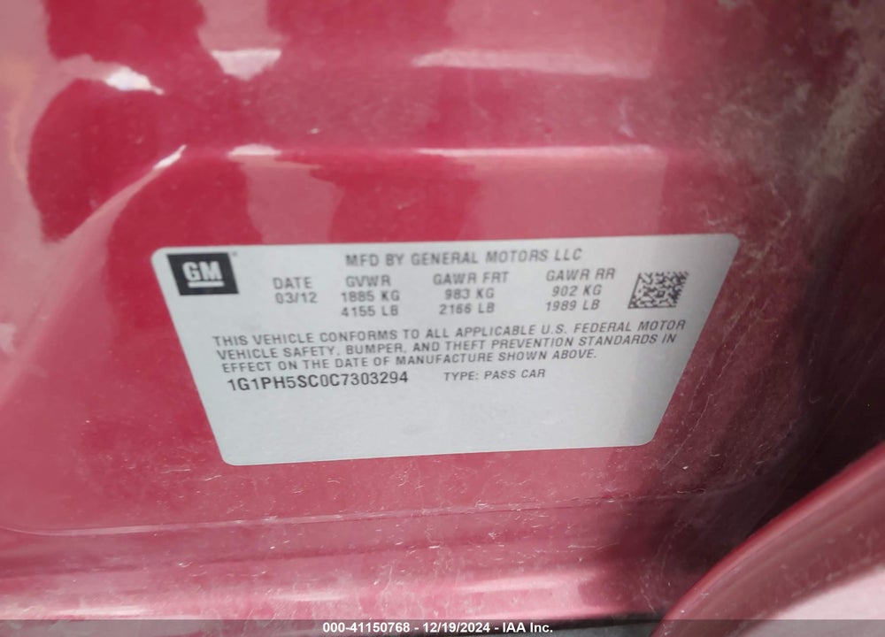 2012 CHEVROLET CRUZE VIN: 1G1PH5SC0C7303294