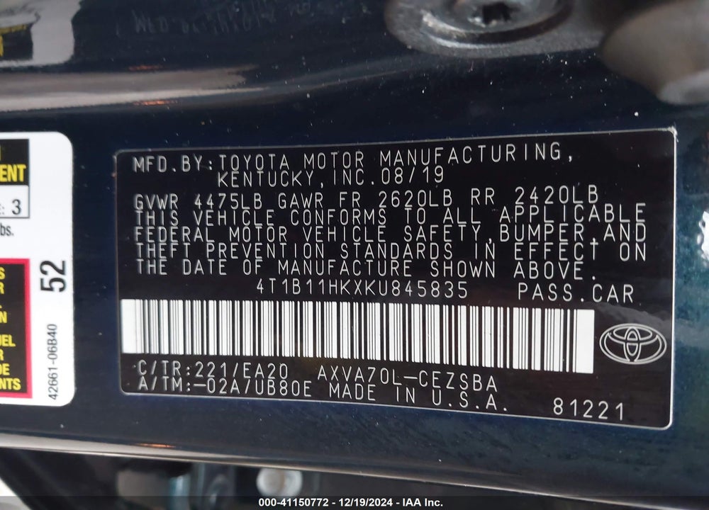 2019 TOYOTA CAMRY SE VIN: 4T1B11HKXKU845835