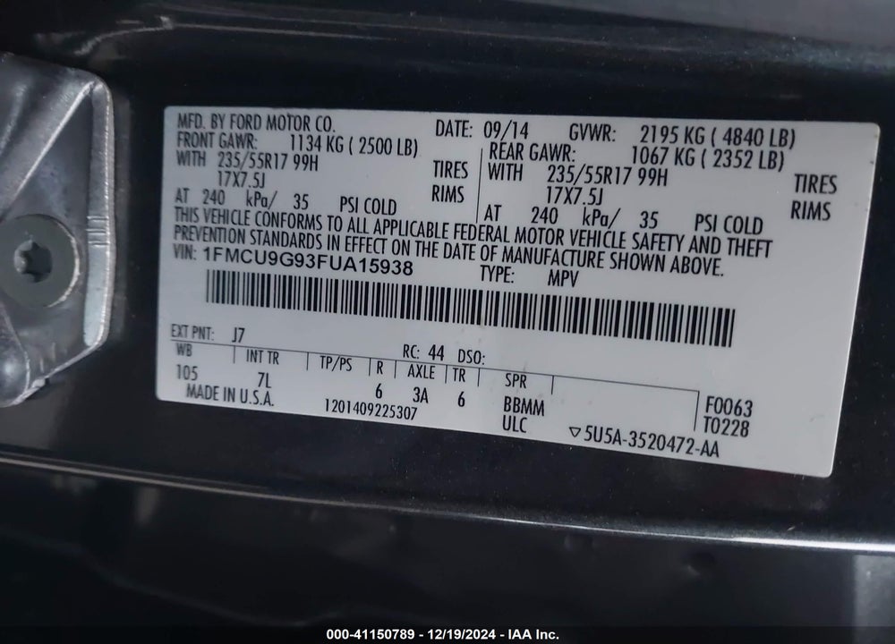2015 FORD ESCAPE SE VIN: 1FMCU9G93FUA15938
