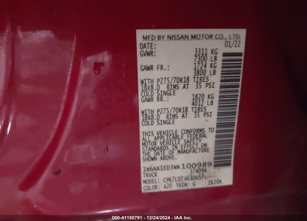 2022 NISSAN TITAN VIN: 1N6AA1ED3NN100989