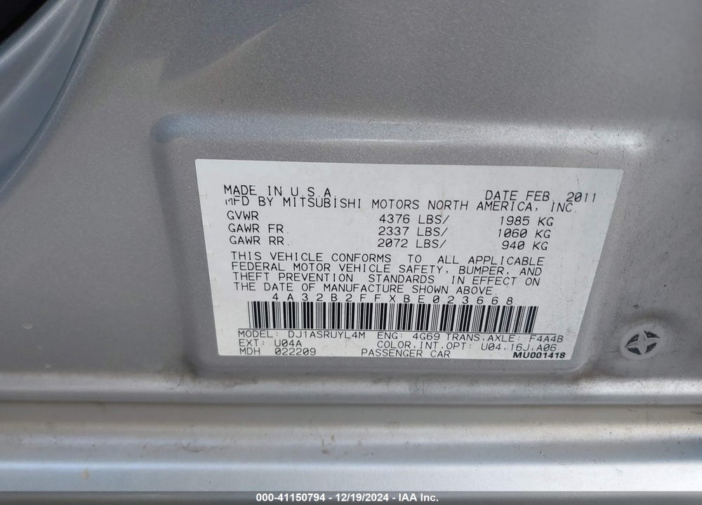 2011 MITSUBISHI GALANT VIN: 4A32B2FFXBE023668