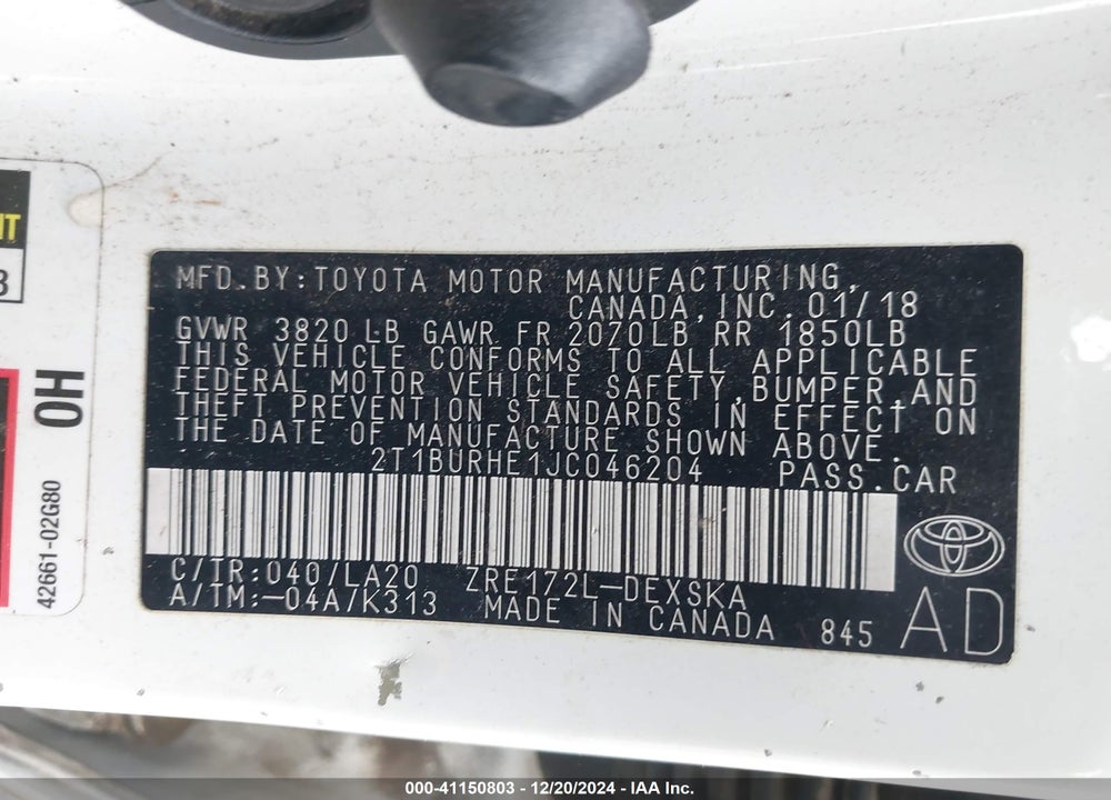 2018 TOYOTA COROLLA XSE VIN: 2T1BURHE1JC046204