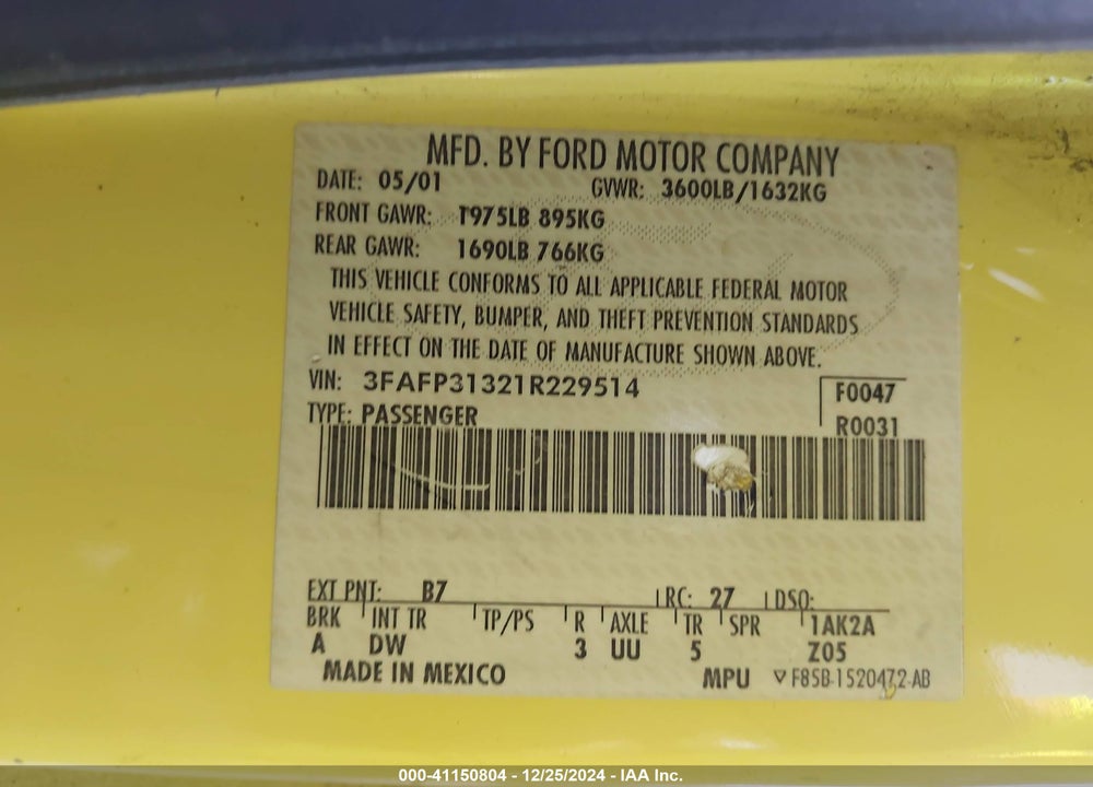 2001 FORD FOCUS ZX3 VIN: 3FAFP31321R229514