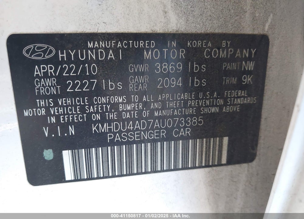 2010 HYUNDAI ELANTRA VIN: KMHDU4AD7AU073385