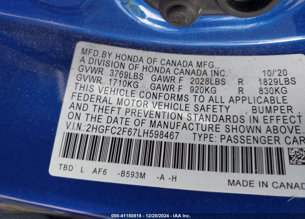 2020 HONDA CIVIC VIN: 2HGFC2F67LH598467
