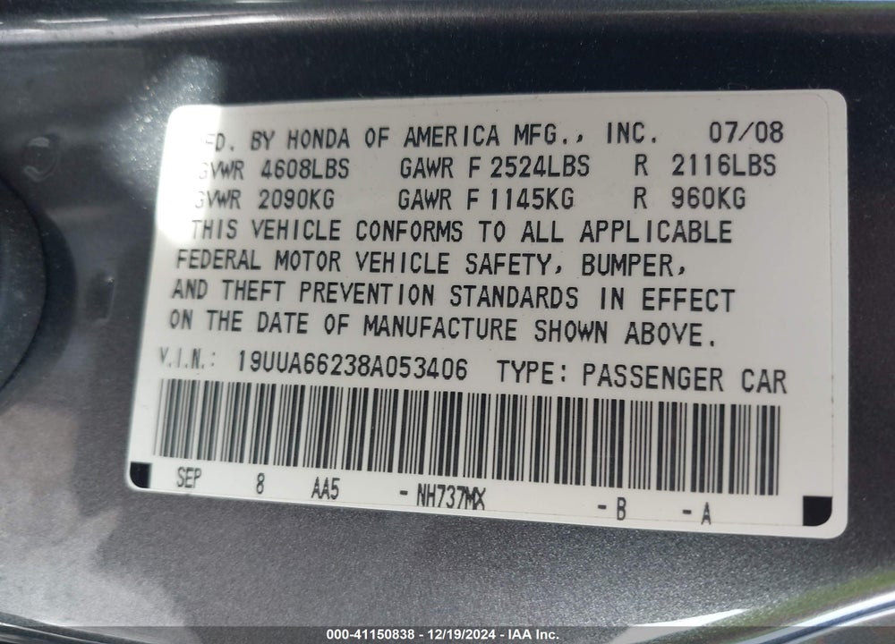 2008 ACURA TL 3.2 VIN: 19UUA66238A053406