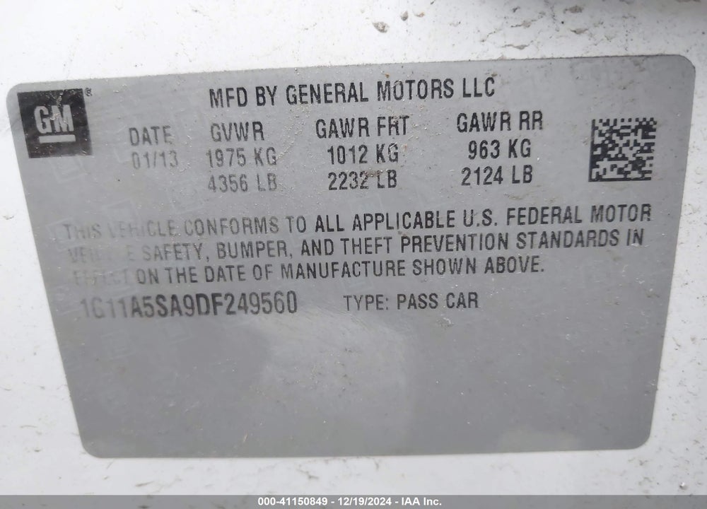 2013 CHEVROLET MALIBU 1FL VIN: 1G11A5SA9DF249560