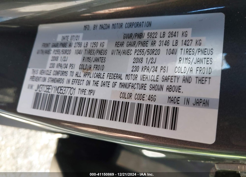 2021 MAZDA CX-9 SIGNATURE VIN: JM3TCBEY1M0537701