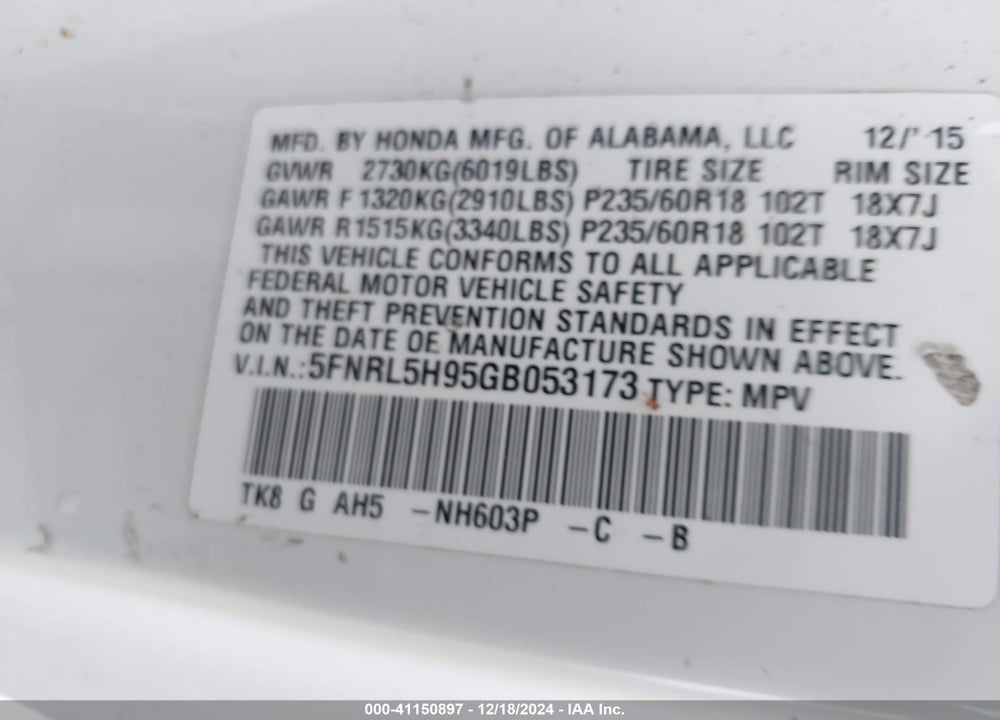 2016 HONDA ODYSSEY TOURING/TOURING ELITE VIN: 5FNRL5H95GB053173