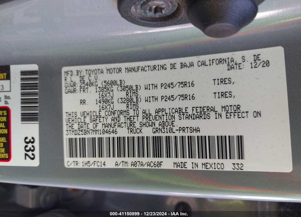 2021 TOYOTA TACOMA SR5 V6 VIN: 3TMDZ5BN7MM104646