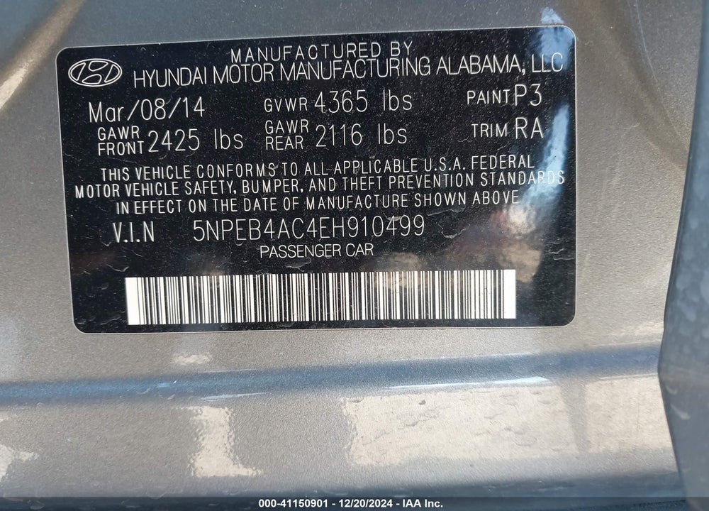 2014 HYUNDAI SONATA VIN: 5NPEB4AC4EH910499