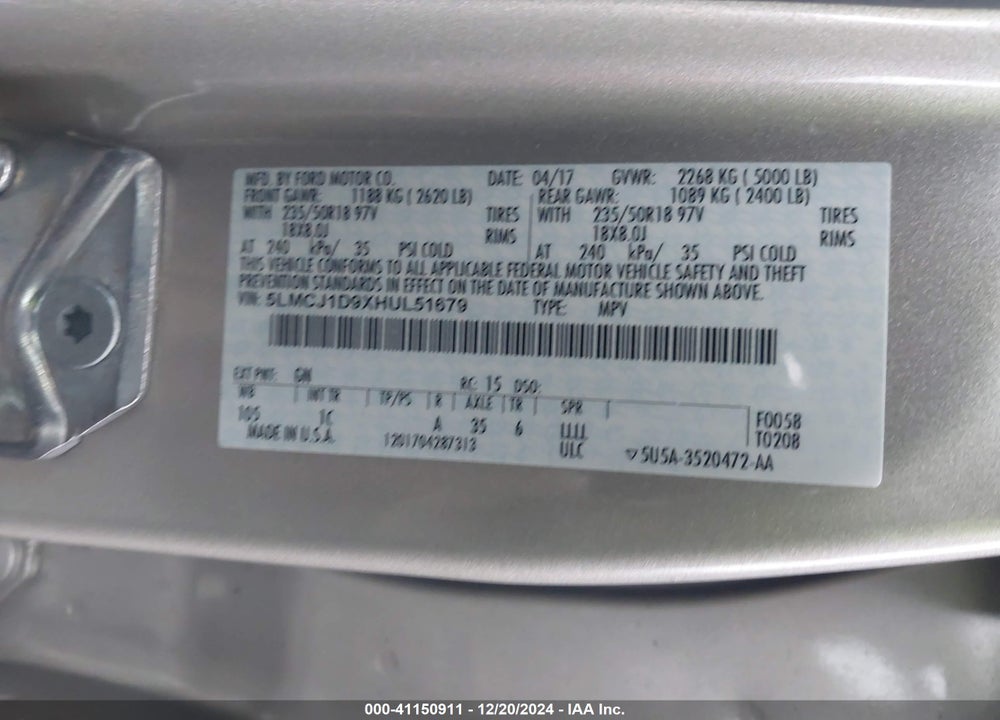 2017 LINCOLN MKC PREMIERE VIN: 5LMCJ1D9XHUL51679