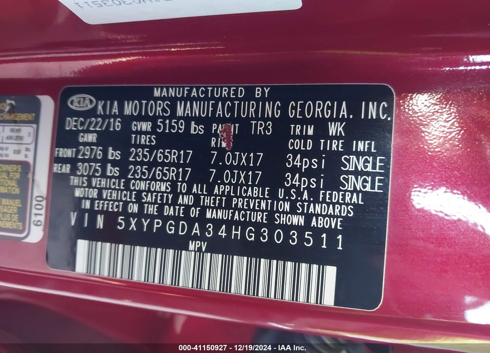 2017 KIA SORENTO 2.4L LX VIN: 5XYPGDA34HG303511