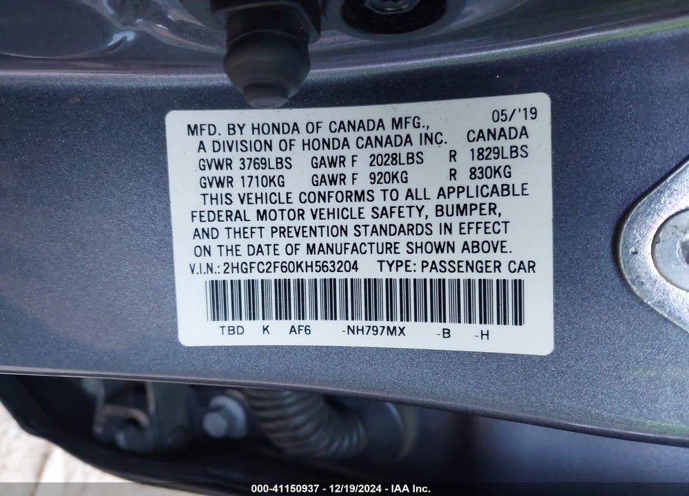 2019 HONDA CIVIC LX VIN: 2HGFC2F60KH563204