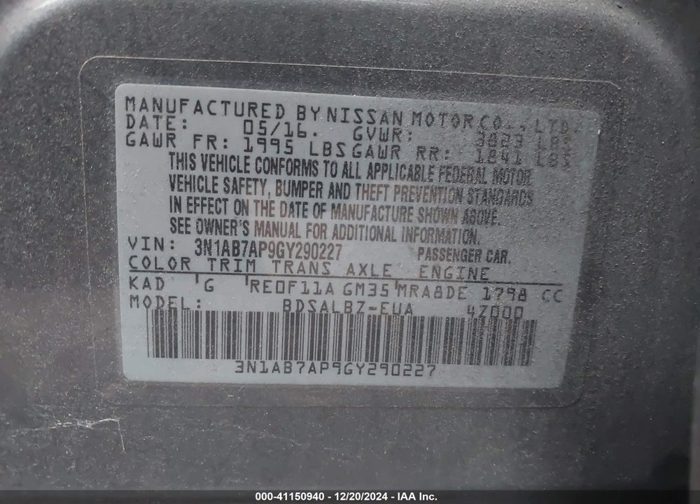 2016 NISSAN SENTRA S VIN: 3N1AB7AP9GY290227
