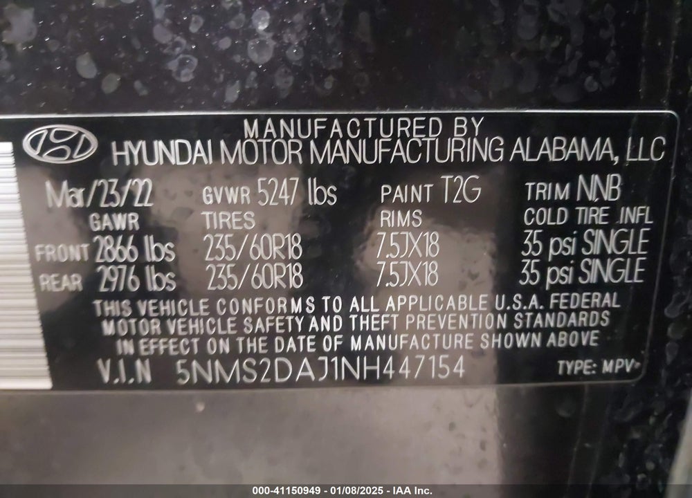2022 HYUNDAI SANTA FE SEL VIN: 5NMS2DAJ1NH447154