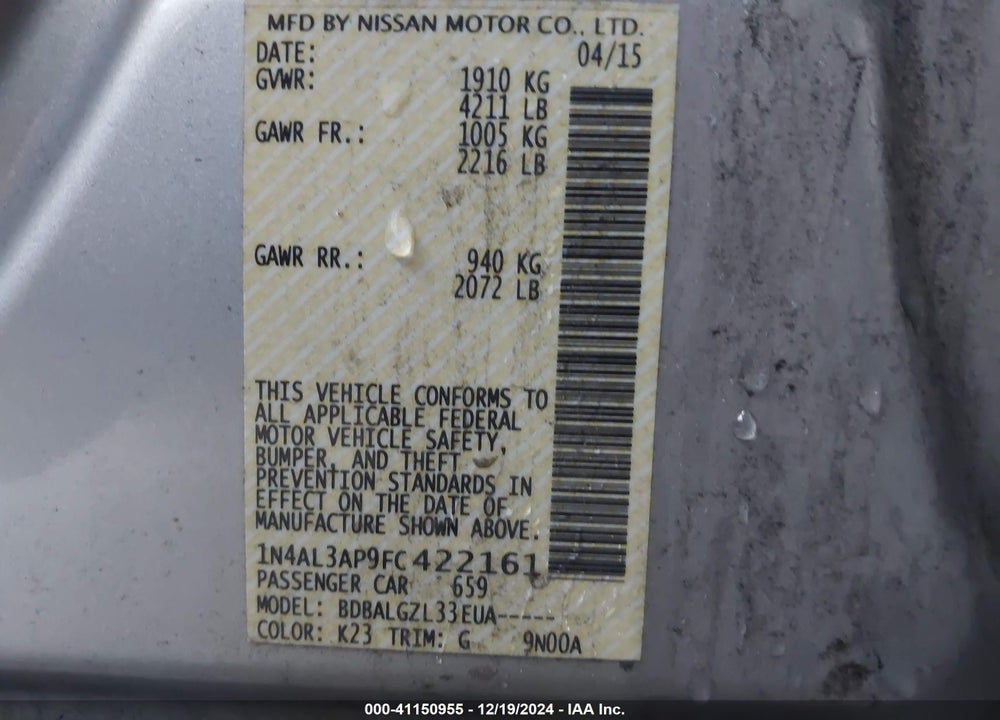 2015 NISSAN ALTIMA VIN: 1N4AL3AP9FC422161