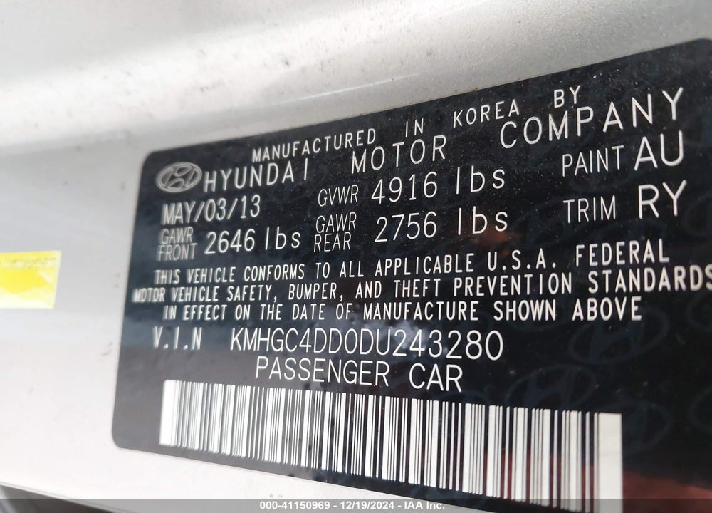 2013 HYUNDAI GENESIS VIN: KMHGC4DD0DU243280