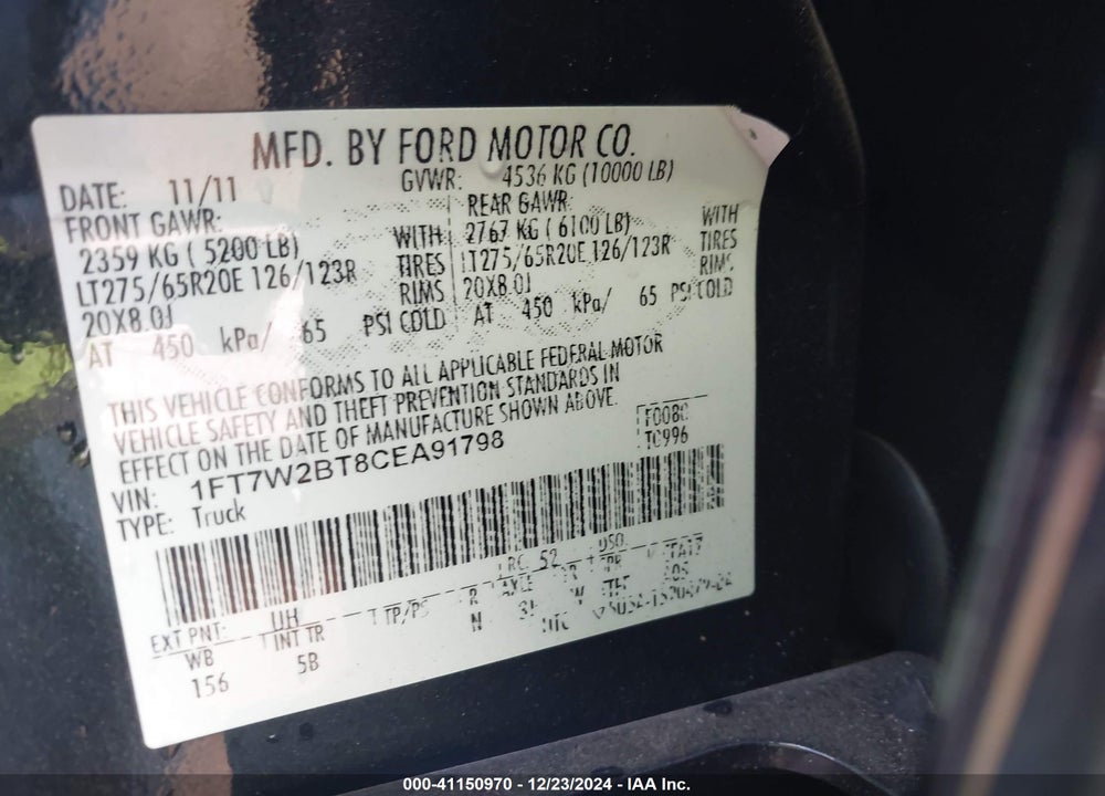 2012 FORD F250 VIN: 1FT7W2BT8CEA91798