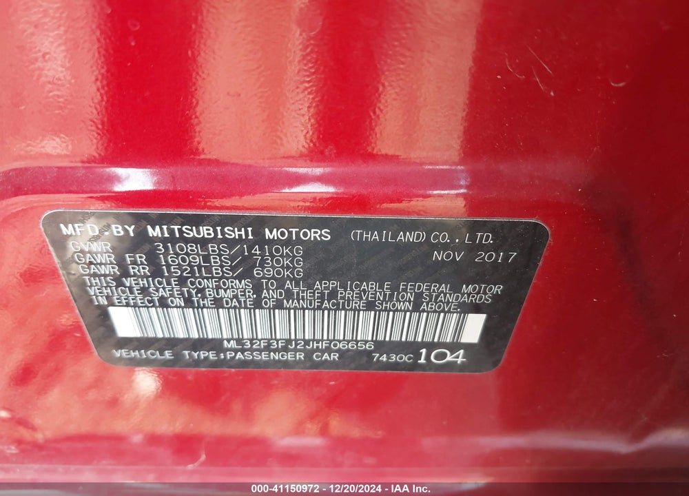2018 MITSUBISHI MIRAGE G4 VIN: ML32F3FJ2JHF06656