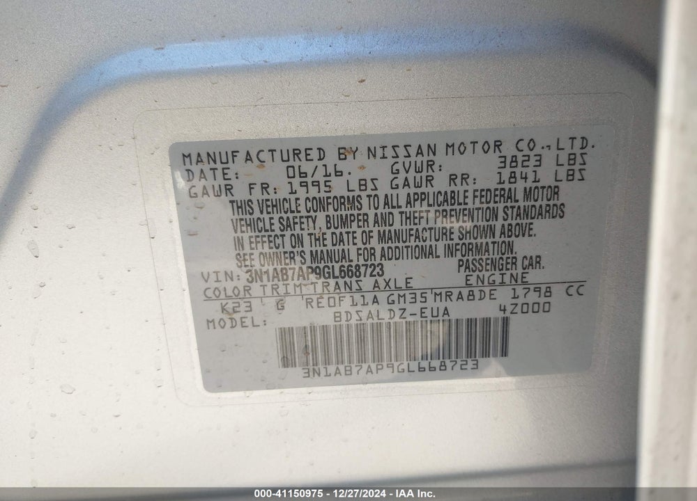 2016 NISSAN SENTRA SV VIN: 3N1AB7AP9GL668723