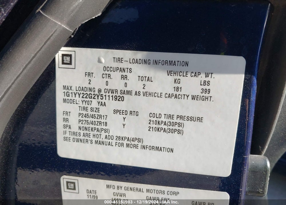 2000 CHEVROLET CORVETTE VIN: 1G1YY22G2Y5111920