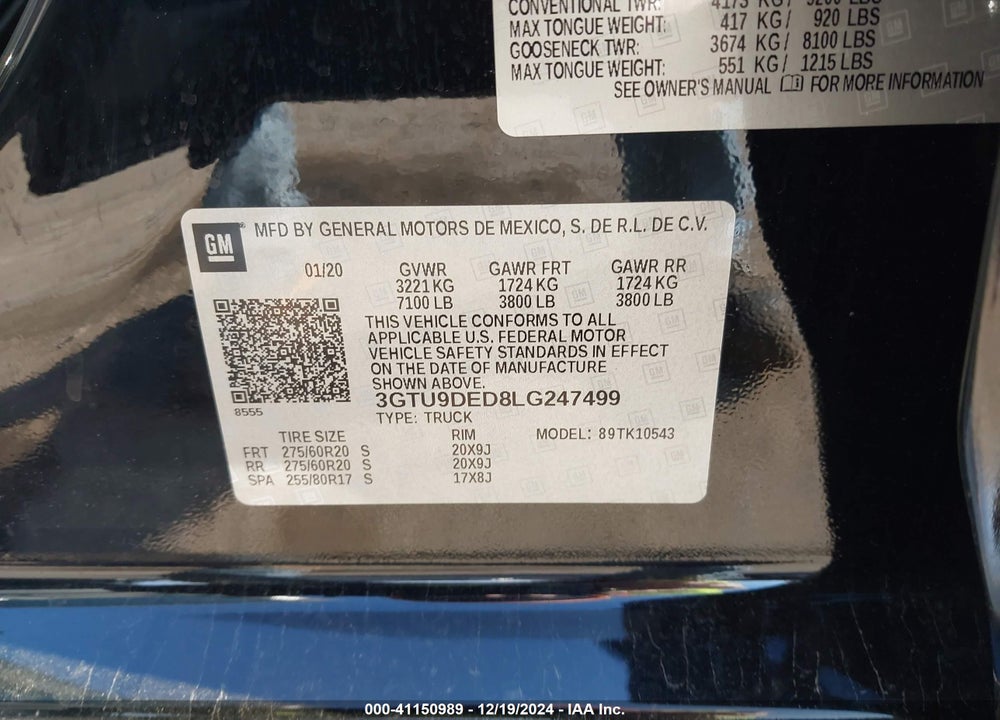 2020 GMC SIERRA VIN: 3GTU9DED8LG247499