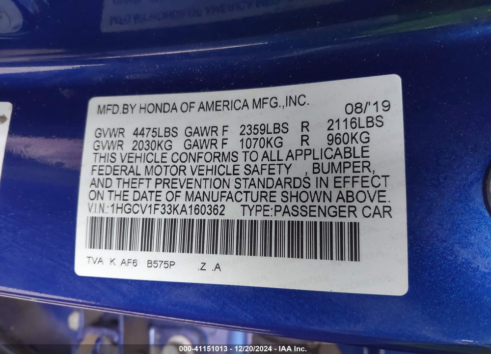 2019 HONDA ACCORD SPORT VIN: 1HGCV1F33KA160362