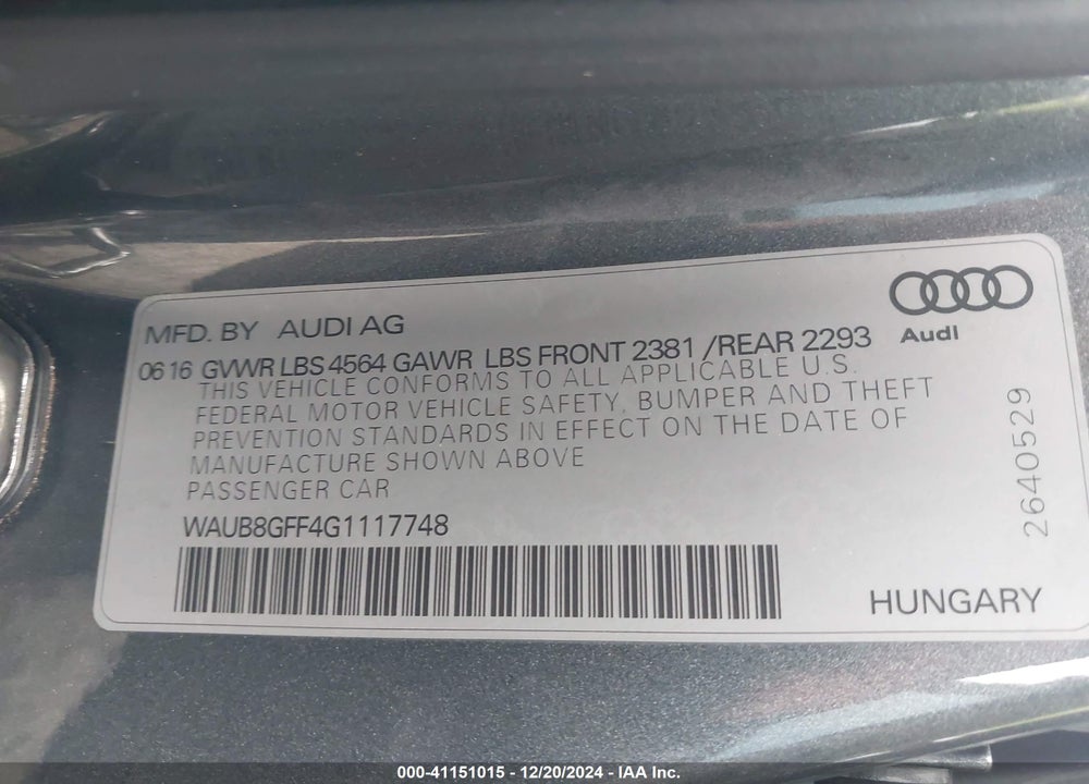 2016 AUDI A3 2.0T PREMIUM VIN: WAUB8GFF4G1117748
