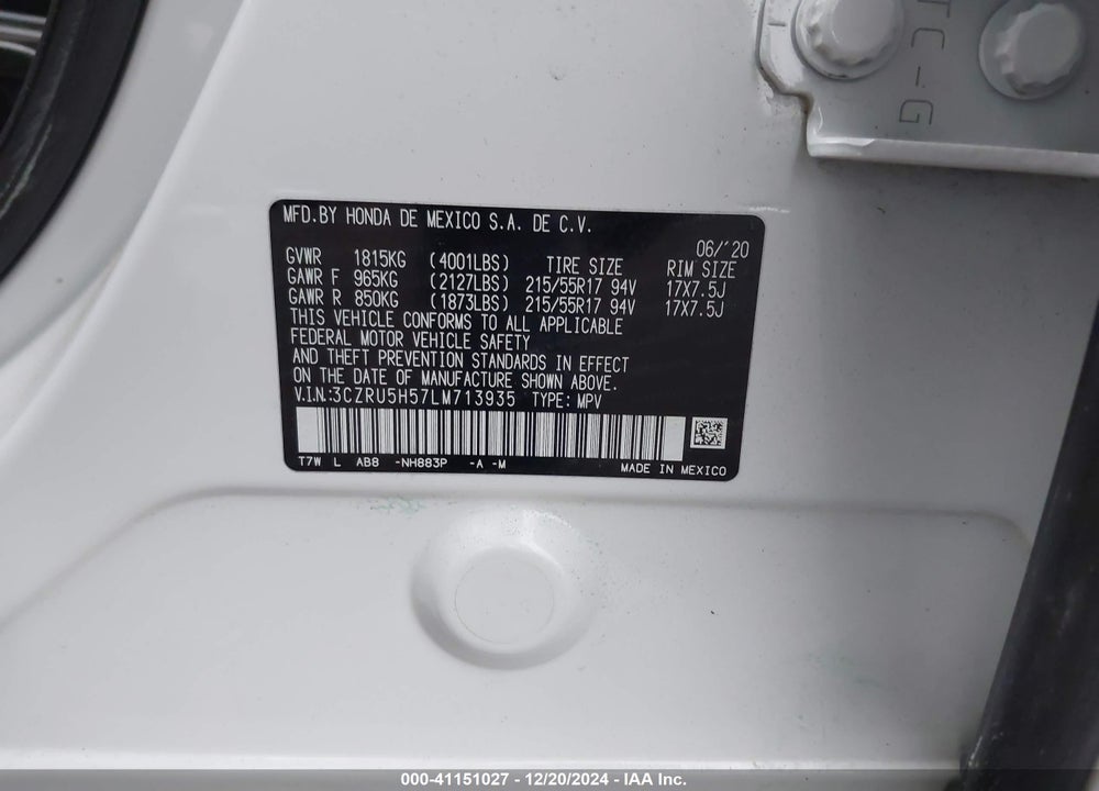 2020 HONDA HR-V 2WD EX VIN: 3CZRU5H57LM713935