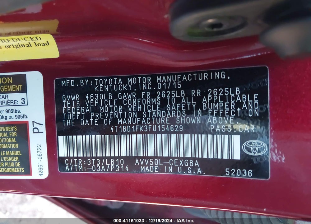 2015 TOYOTA CAMRY HYBRID XLE VIN: 4T1BD1FK3FU154629
