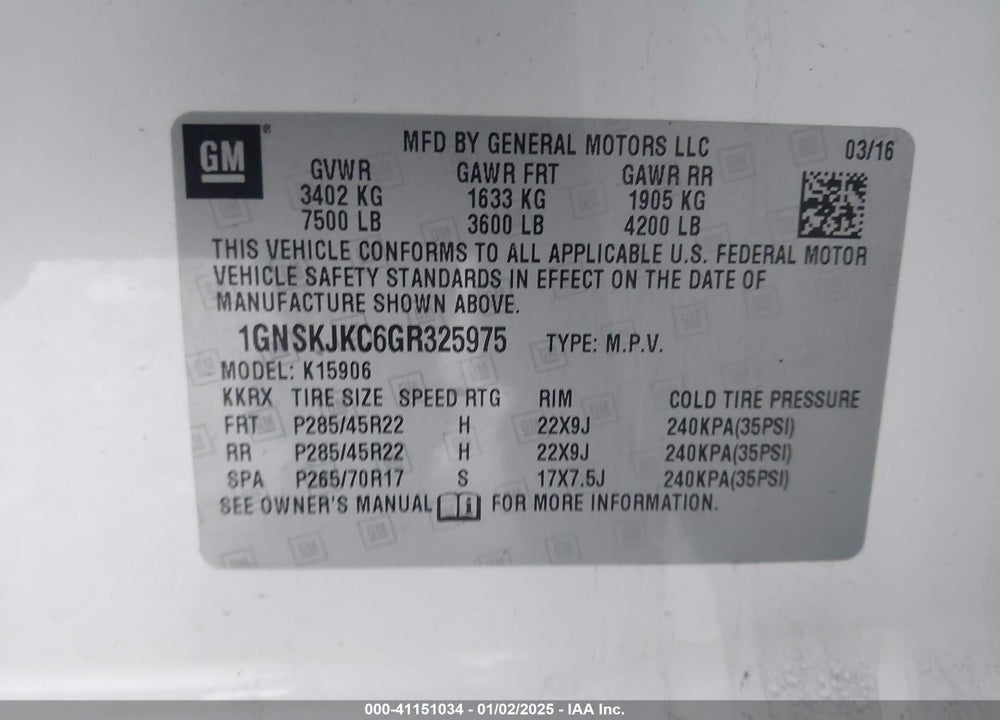 2016 CHEVROLET SUBURBAN LTZ VIN: 1GNSKJKC6GR325975