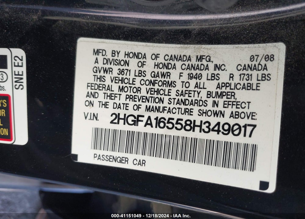 2008 HONDA CIVIC LX VIN: 2HGFA16558H349017