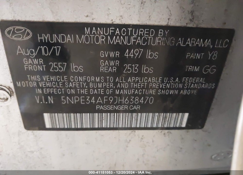 2018 HYUNDAI SONATA SEL VIN: 5NPE34AF9JH638470