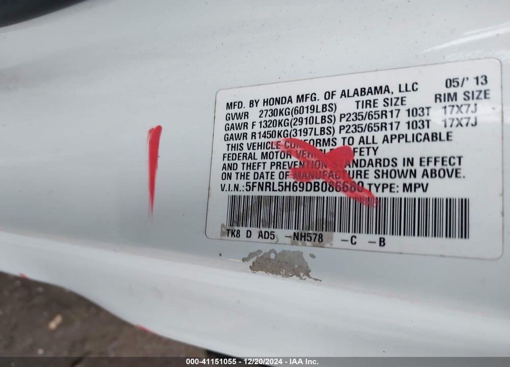2013 HONDA ODYSSEY EX-L VIN: 5FNRL5H69DB086680