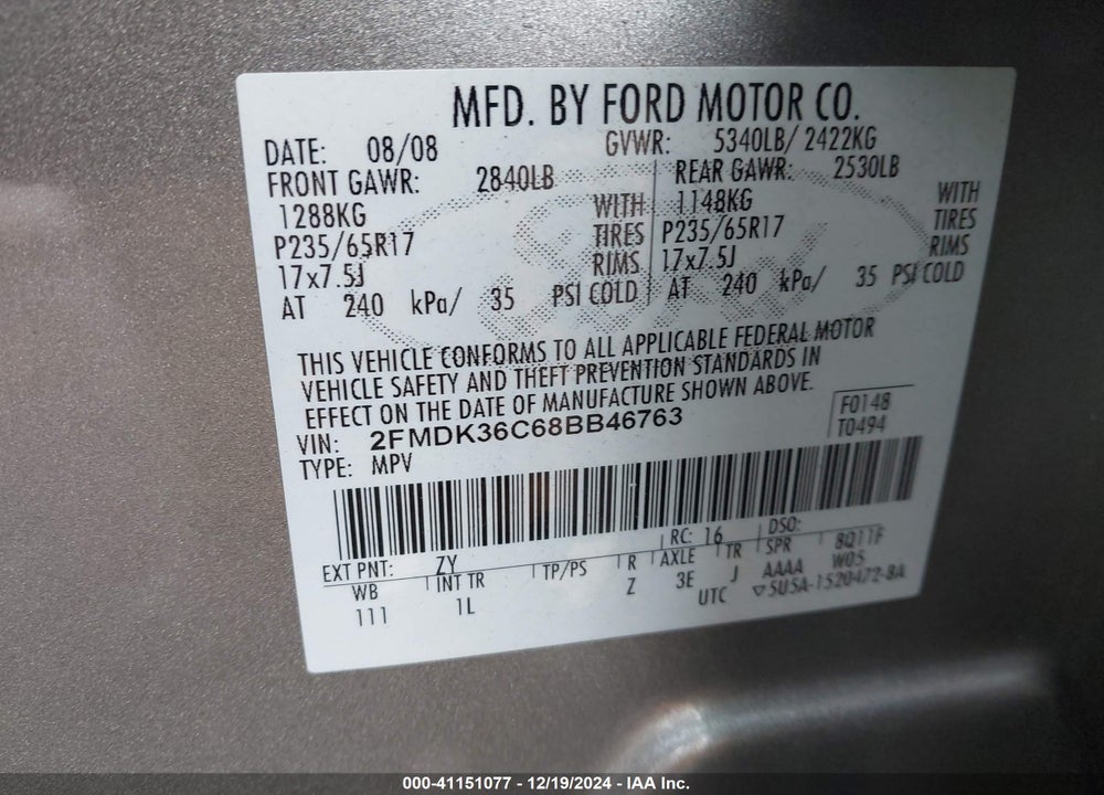 2008 FORD EDGE SE VIN: 2FMDK36C68BB46763