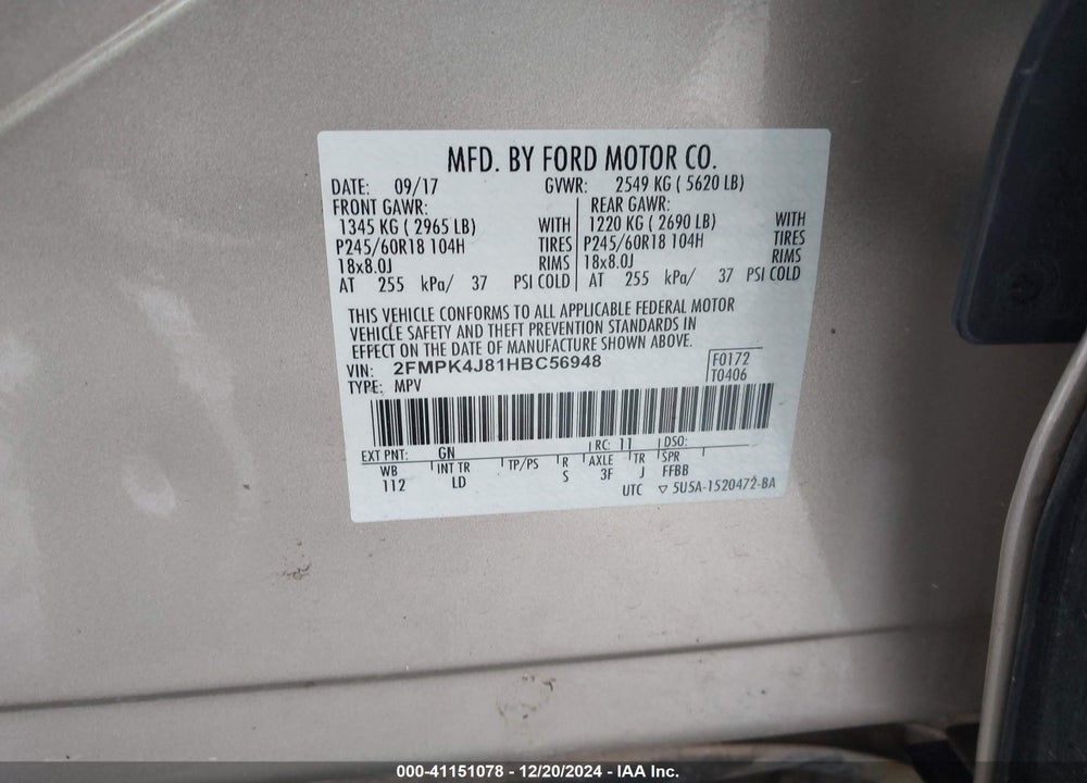 2017 FORD EDGE SEL VIN: 2FMPK4J81HBC56948