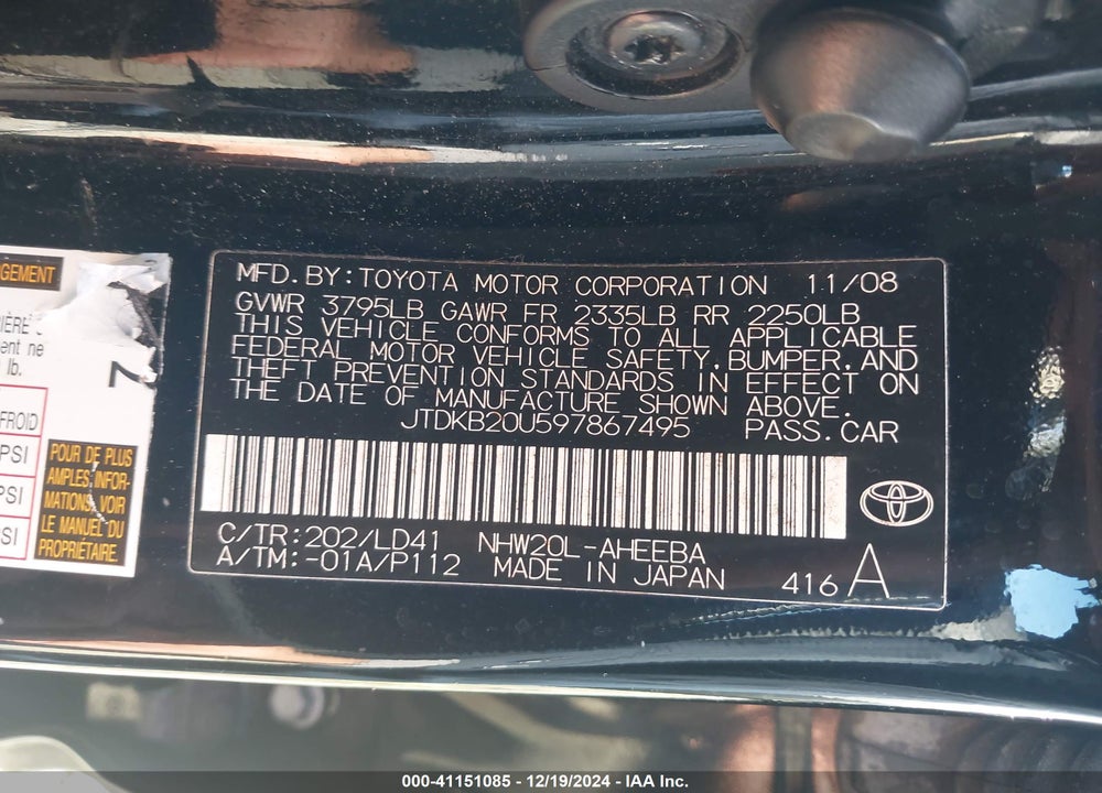 2009 TOYOTA PRIUS VIN: JTDKB20U597867495