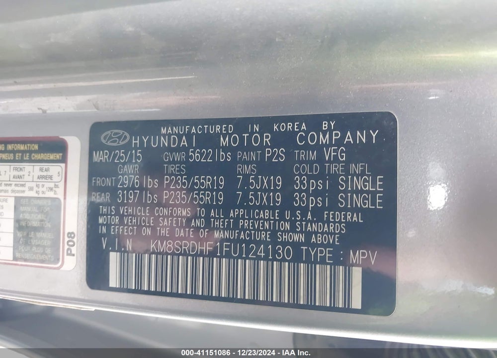 2015 HYUNDAI SANTA FE GLS VIN: KM8SRDHF1FU124130