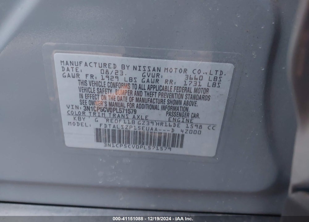 2023 NISSAN KICKS SV XTRONIC CVT VIN: 3N1CP5CV0PL571579