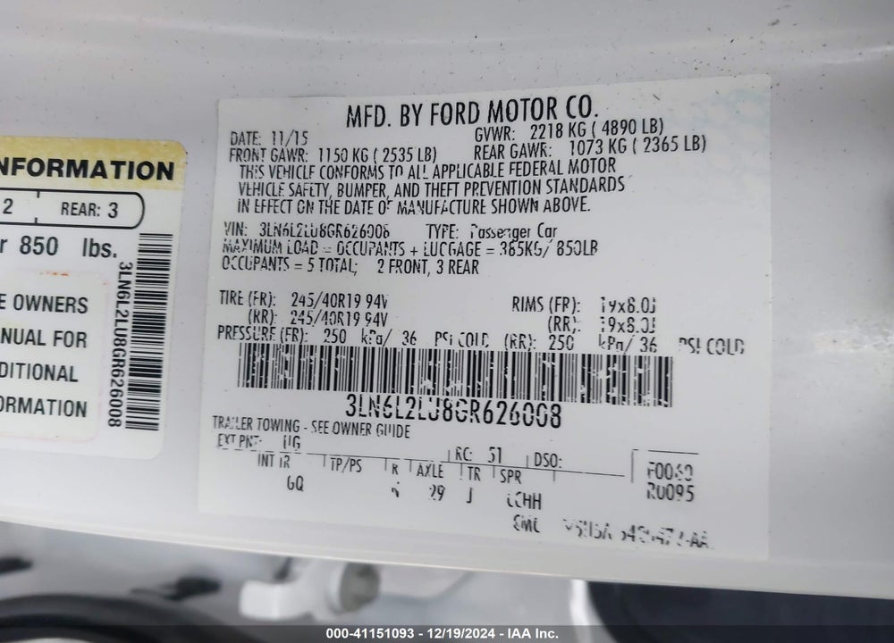 2016 LINCOLN MKZ HYBRID VIN: 3LN6L2LU8GR626008
